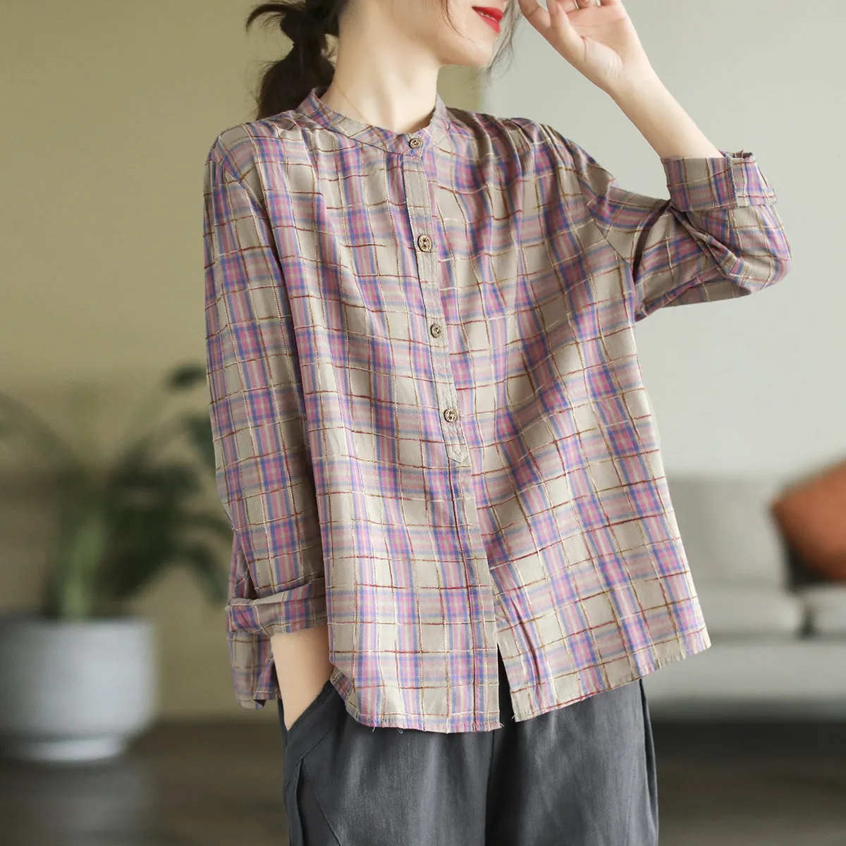 Autumn Long Sleeve Cotton Causal Loose Plaid Blouse