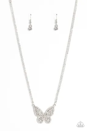 Baroque Butterfly White Rhinestone Necklace - Paparazzi Accessories