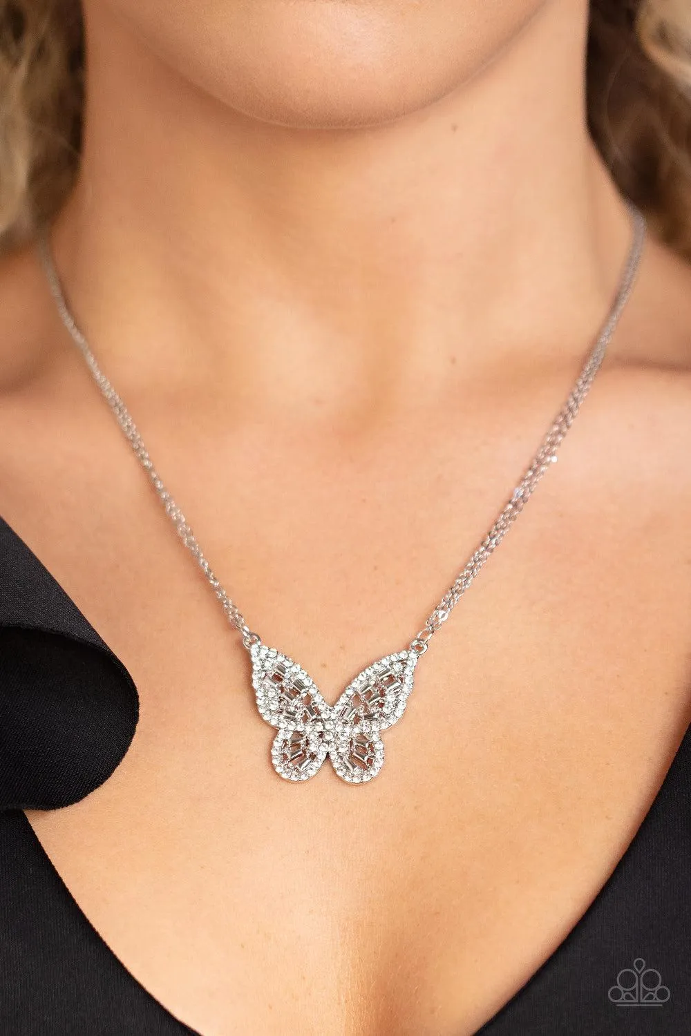 Baroque Butterfly White Rhinestone Necklace - Paparazzi Accessories