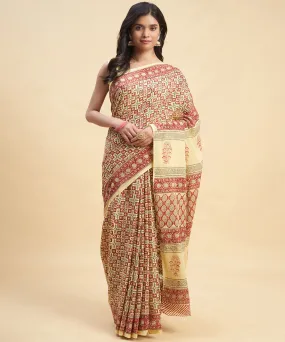 Beige maroon hand block sanganeri printed cotton saree