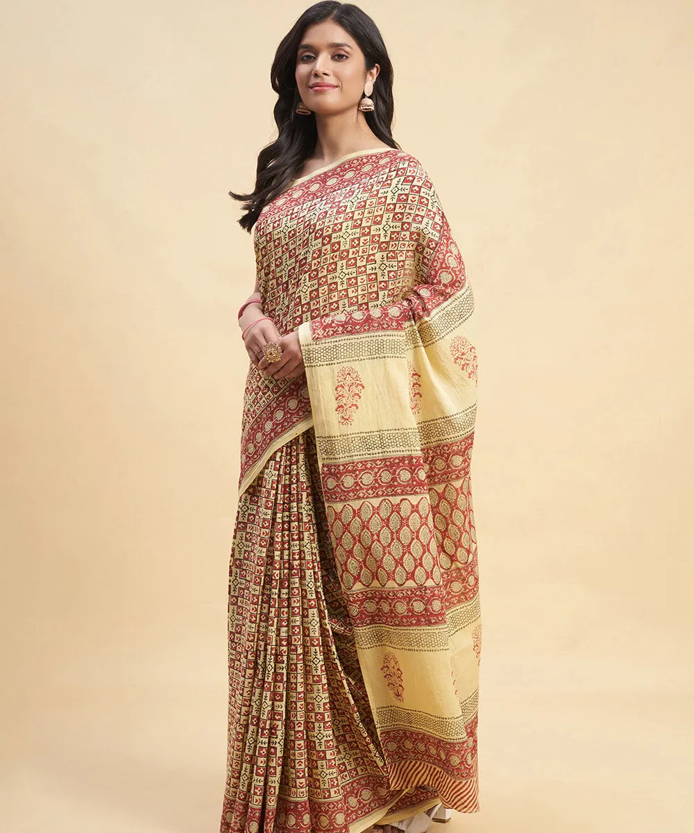 Beige maroon hand block sanganeri printed cotton saree