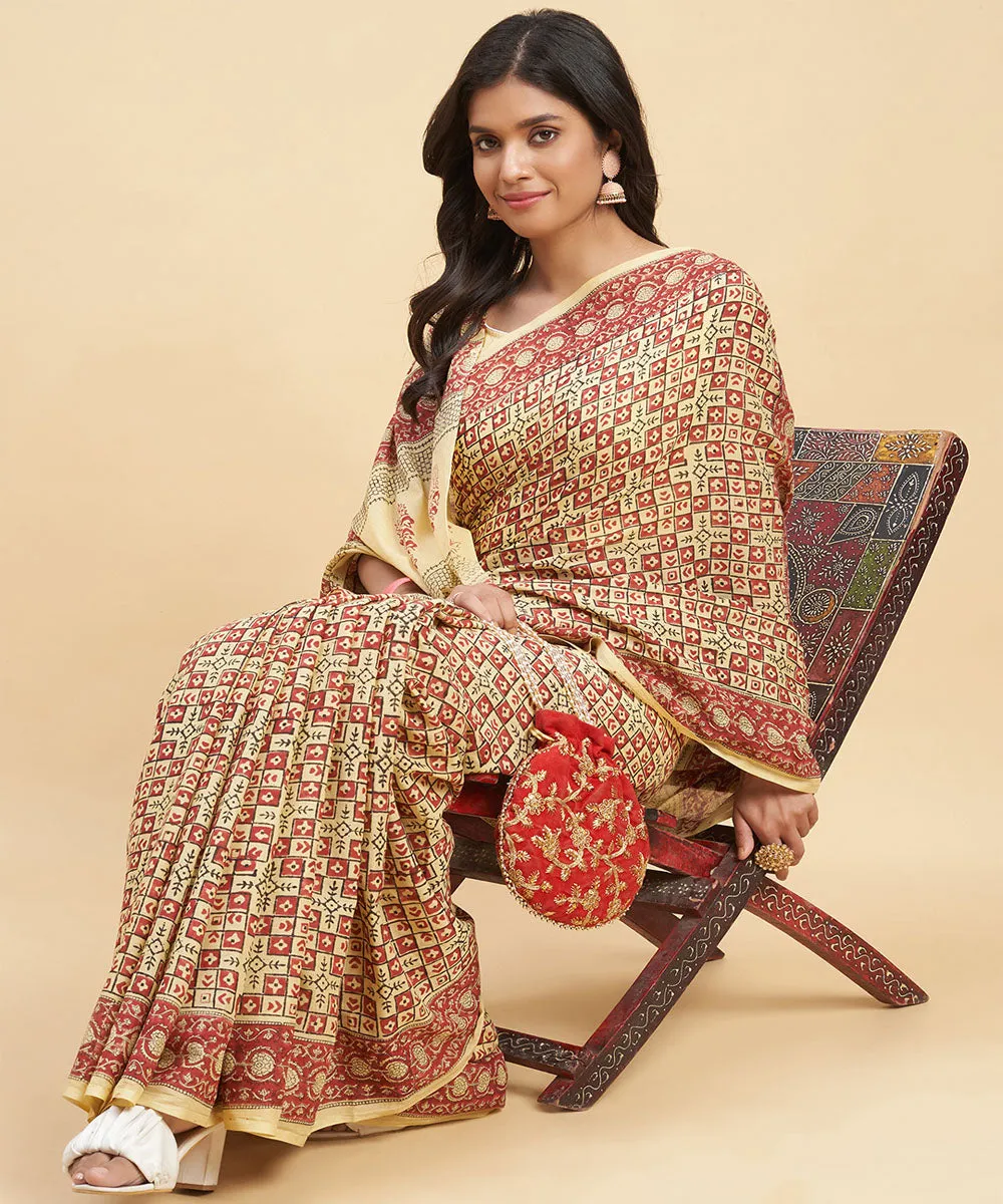 Beige maroon hand block sanganeri printed cotton saree