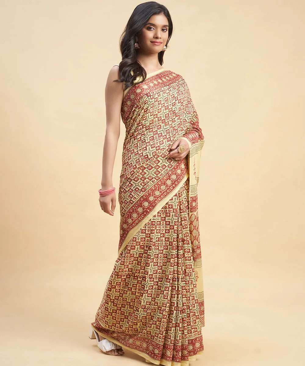 Beige maroon hand block sanganeri printed cotton saree