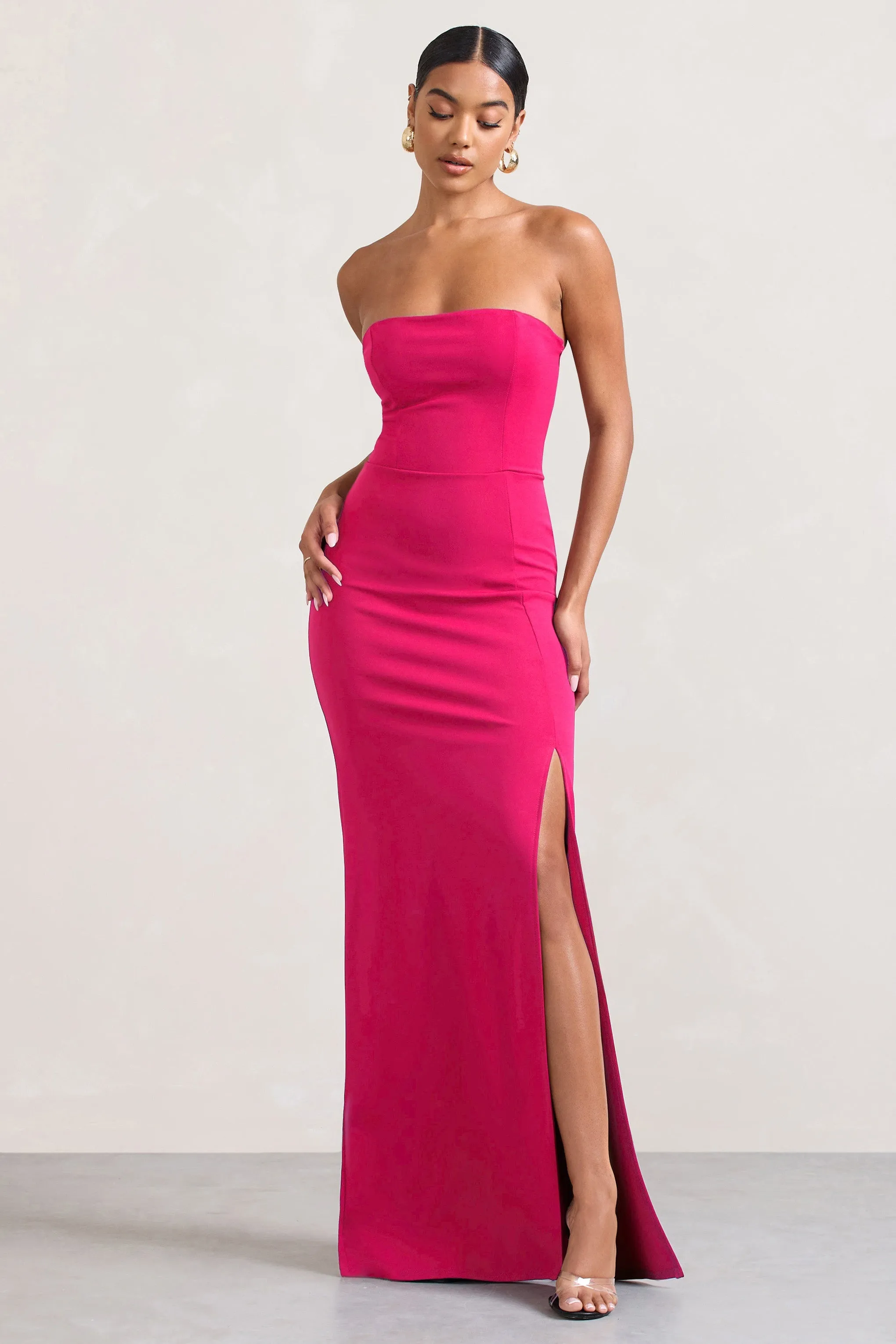 Belle of The Ball | Hot Pink Bandeau Maxi Dress With Split Hem