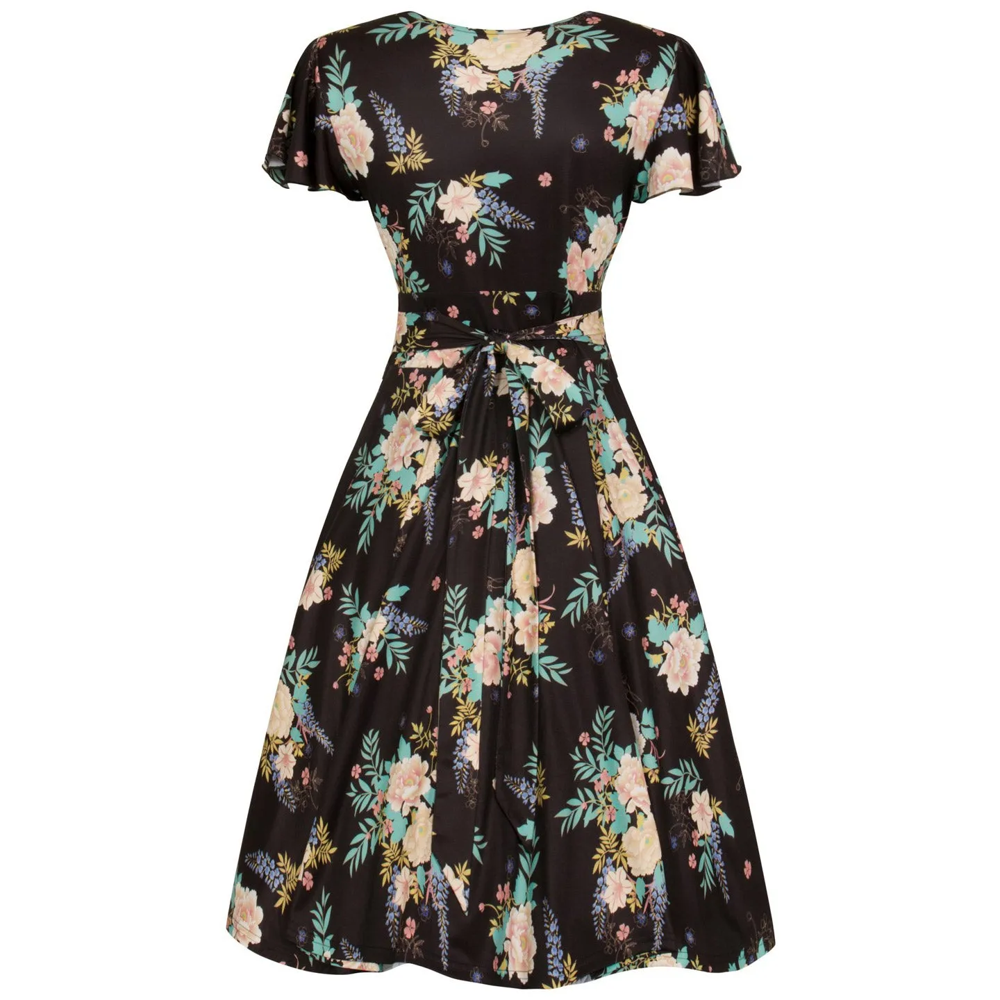 Black Floral Print Cap Sleeve Wrap Top Empire Waist Swing Dress