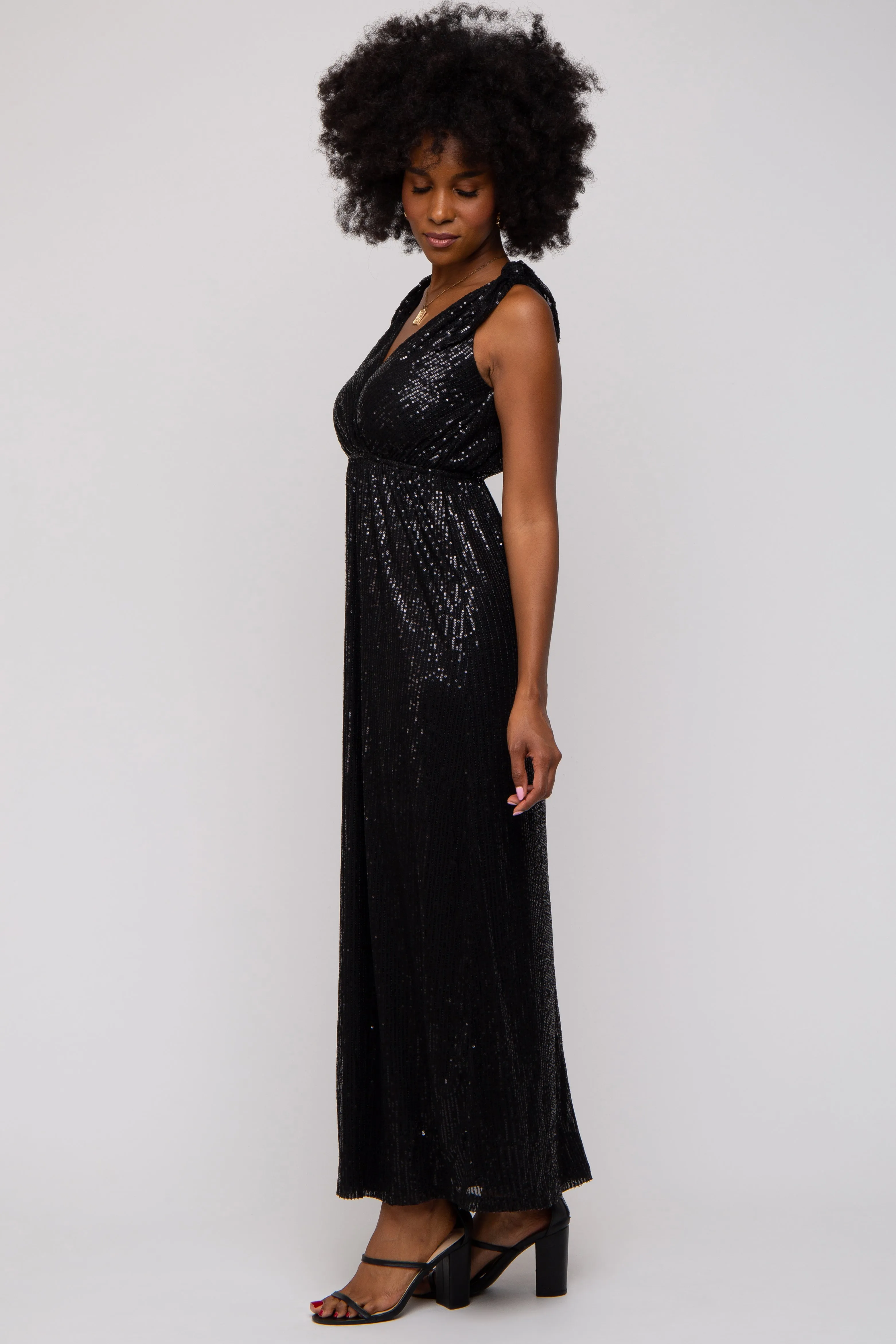 Black Sequin Sleeveless Wrap V-Neck Gown