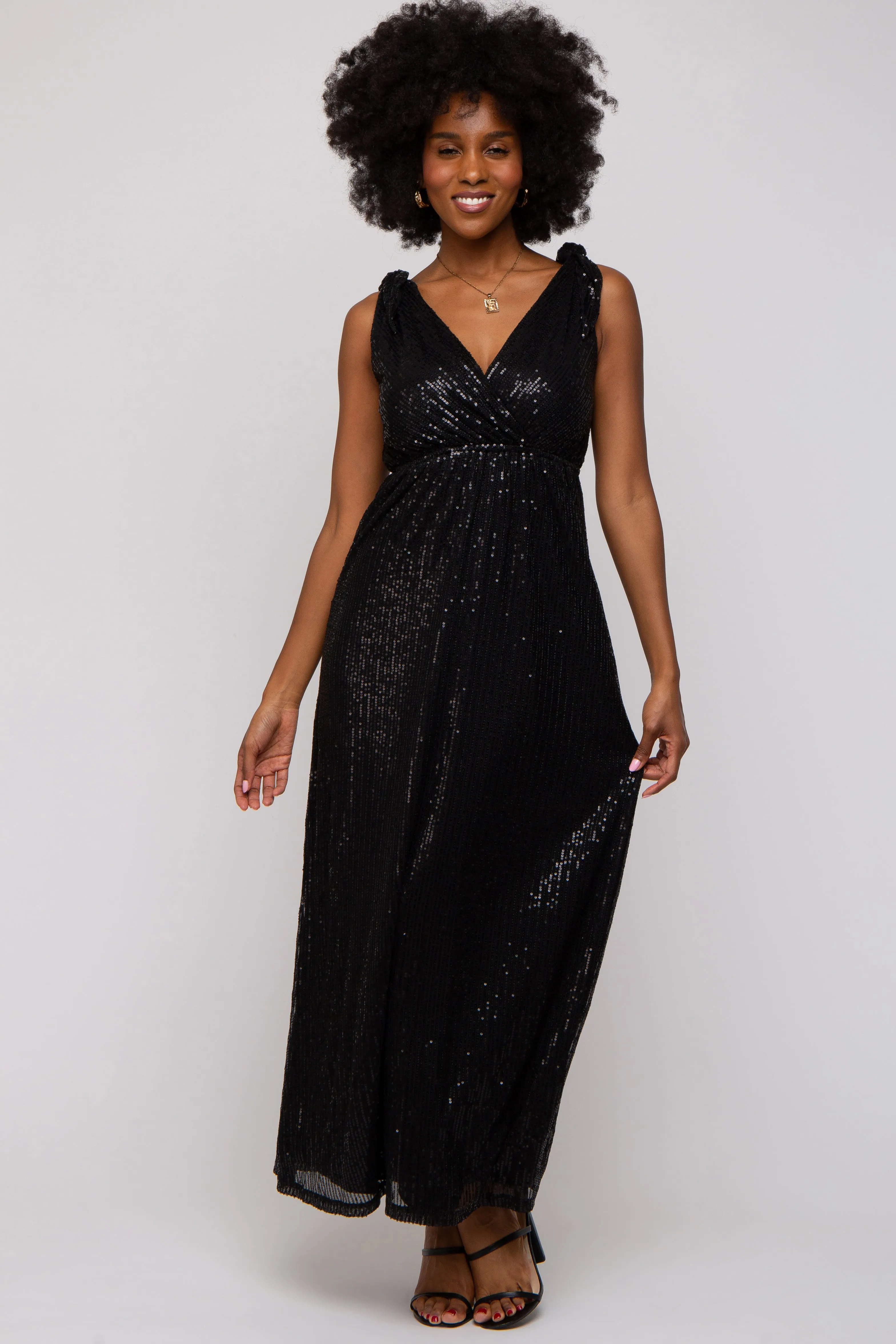 Black Sequin Sleeveless Wrap V-Neck Gown