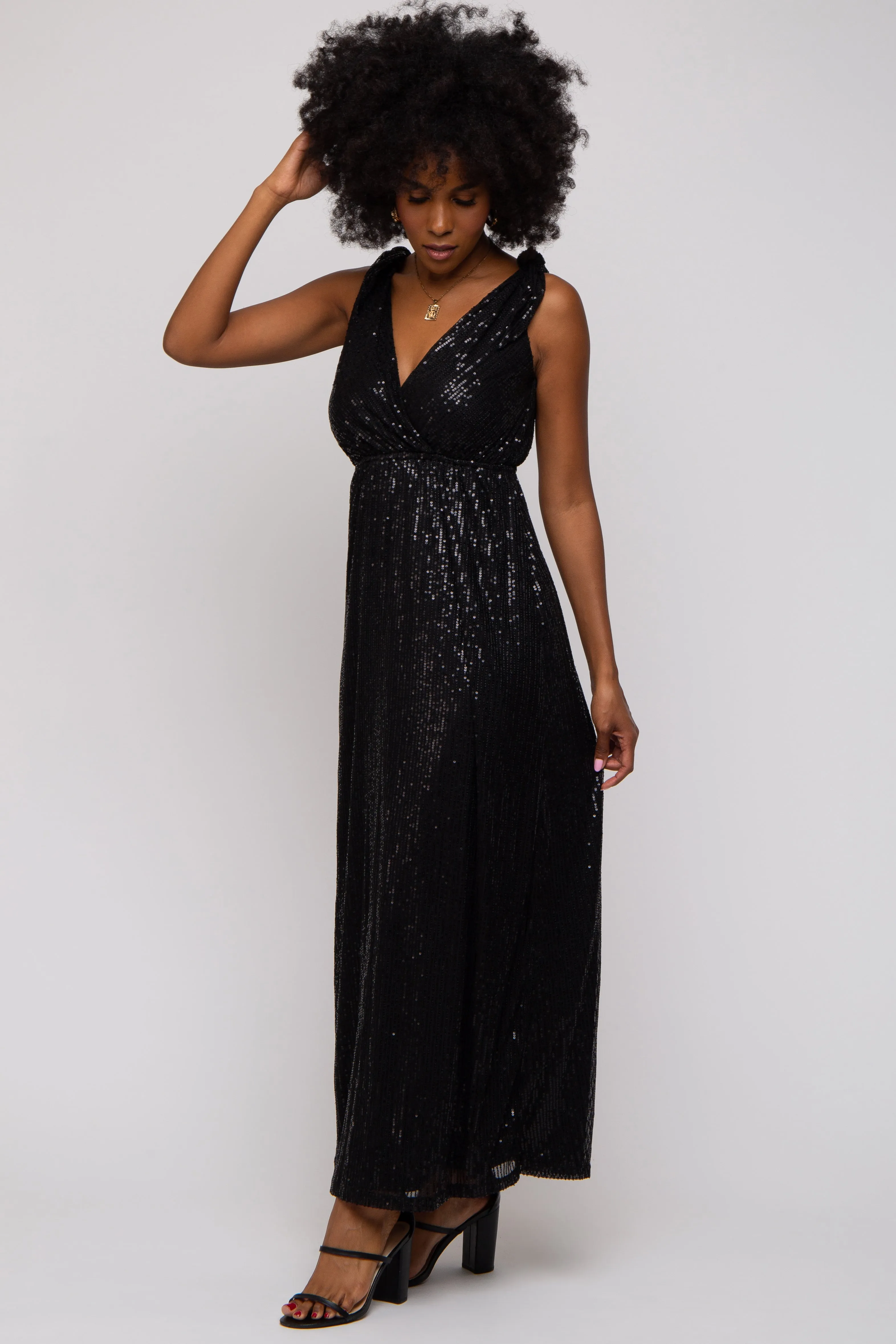 Black Sequin Sleeveless Wrap V-Neck Gown