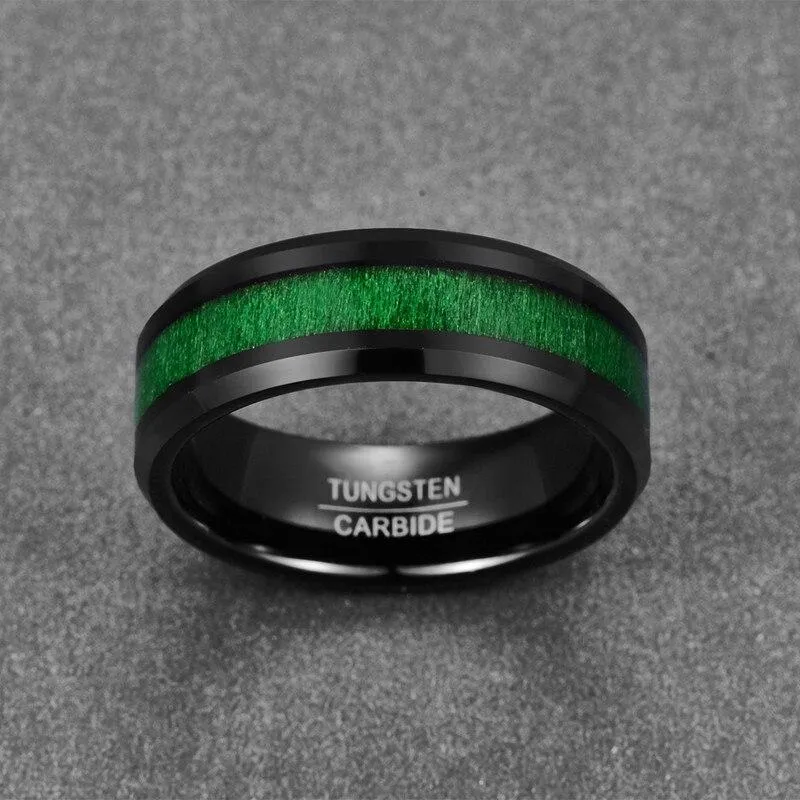 Black Tungsten Carbide with Green Meteorite Inlay Wedding Band