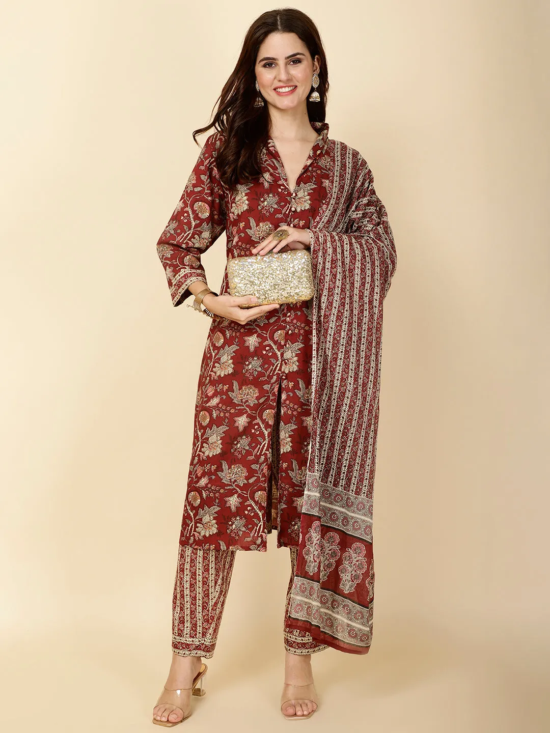 Block Print Cotton Suit Set With Dupatta