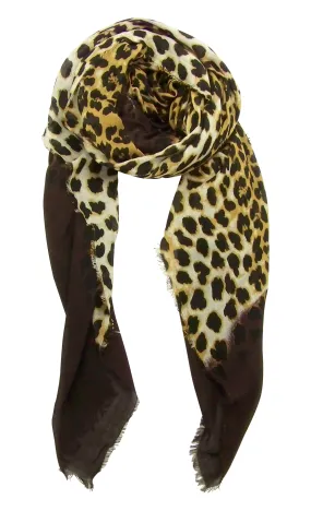 Blue Pacific Animal Print Dip Cashmere and Silk Scarf in Coffee and Tan