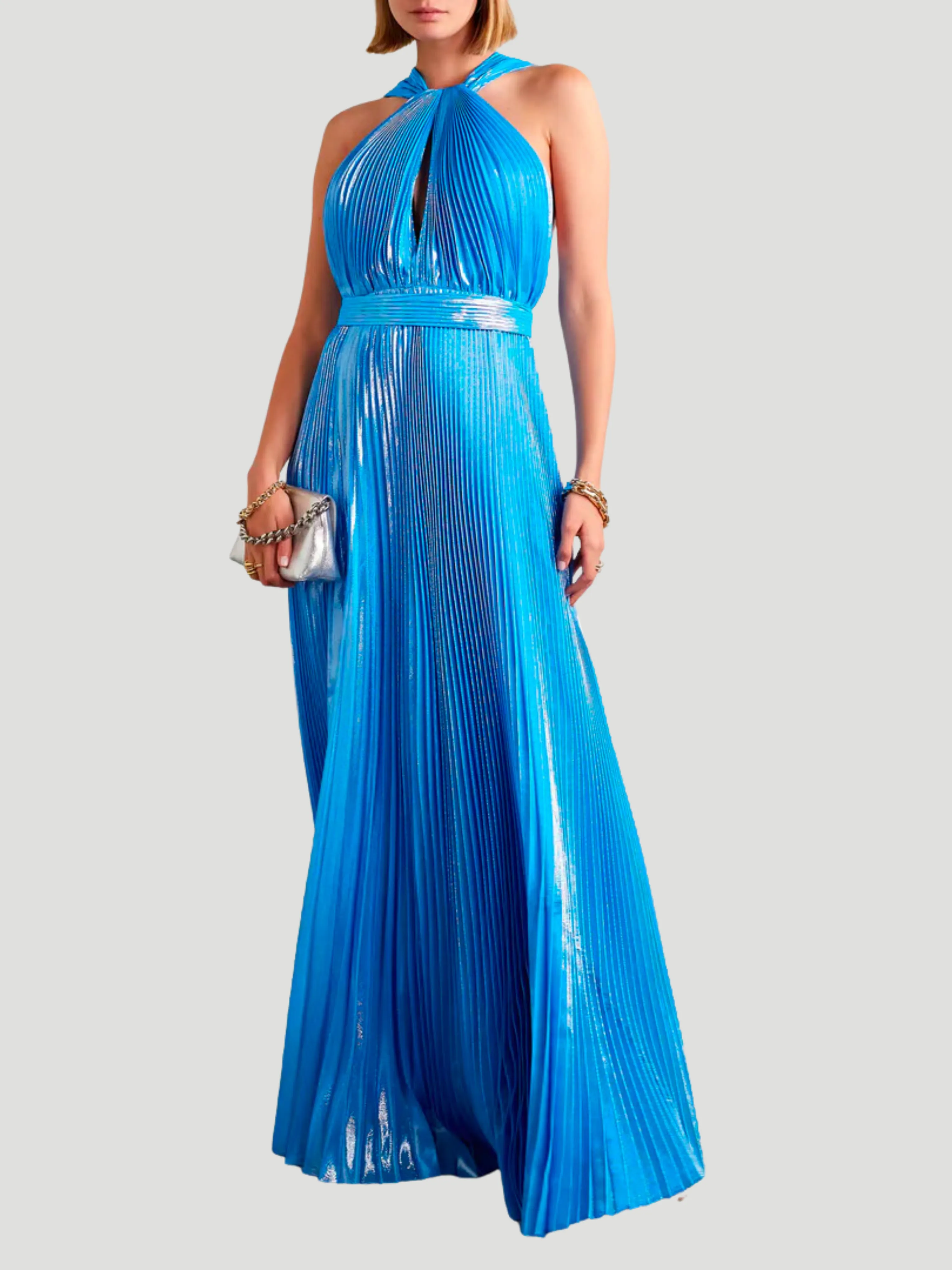 Blue Pleated Metallic Halter Midi Dress