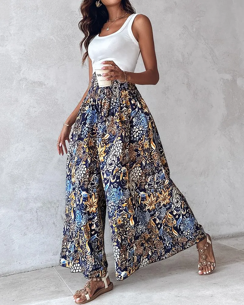 Boho Floral Print Shirred High Waist Wide Leg Pants