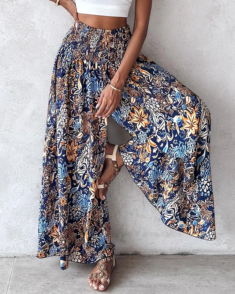 Boho Floral Print Shirred High Waist Wide Leg Pants