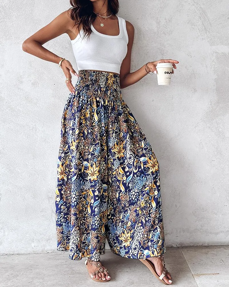 Boho Floral Print Shirred High Waist Wide Leg Pants