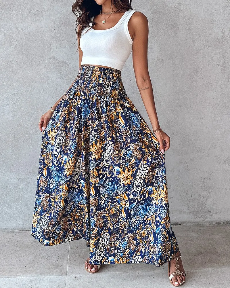 Boho Floral Print Shirred High Waist Wide Leg Pants