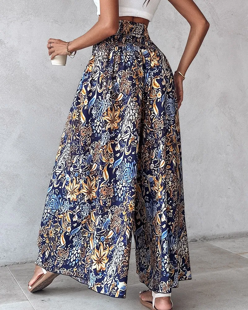 Boho Floral Print Shirred High Waist Wide Leg Pants