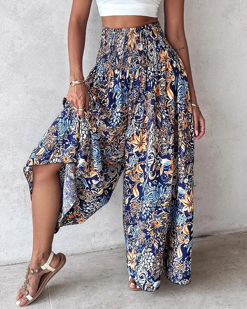 Boho Floral Print Shirred High Waist Wide Leg Pants