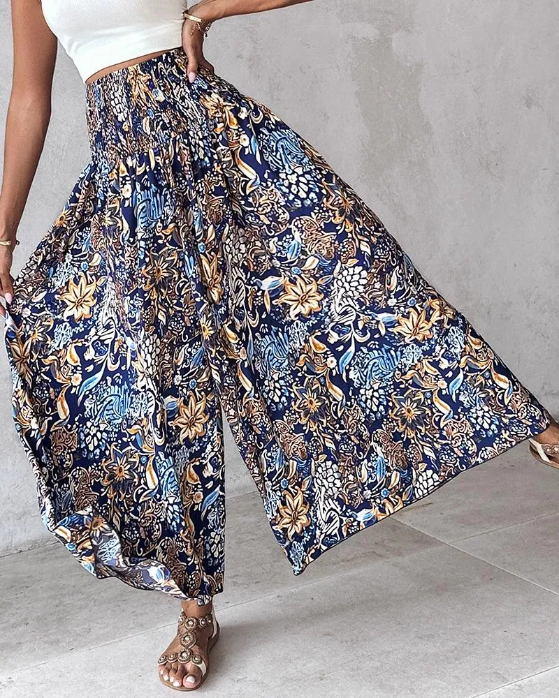 Boho Floral Print Shirred High Waist Wide Leg Pants