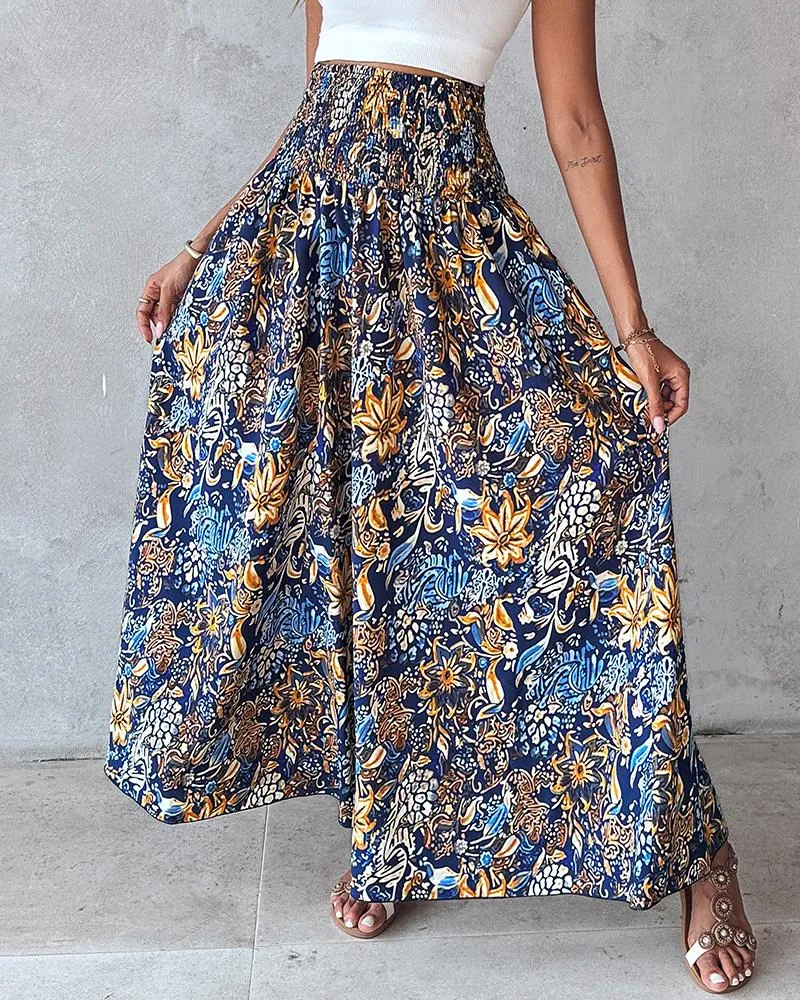 Boho Floral Print Shirred High Waist Wide Leg Pants