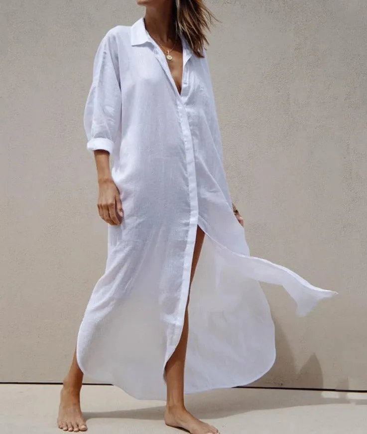 Breezy Shoreline Chic White Tunic Shirt Dress