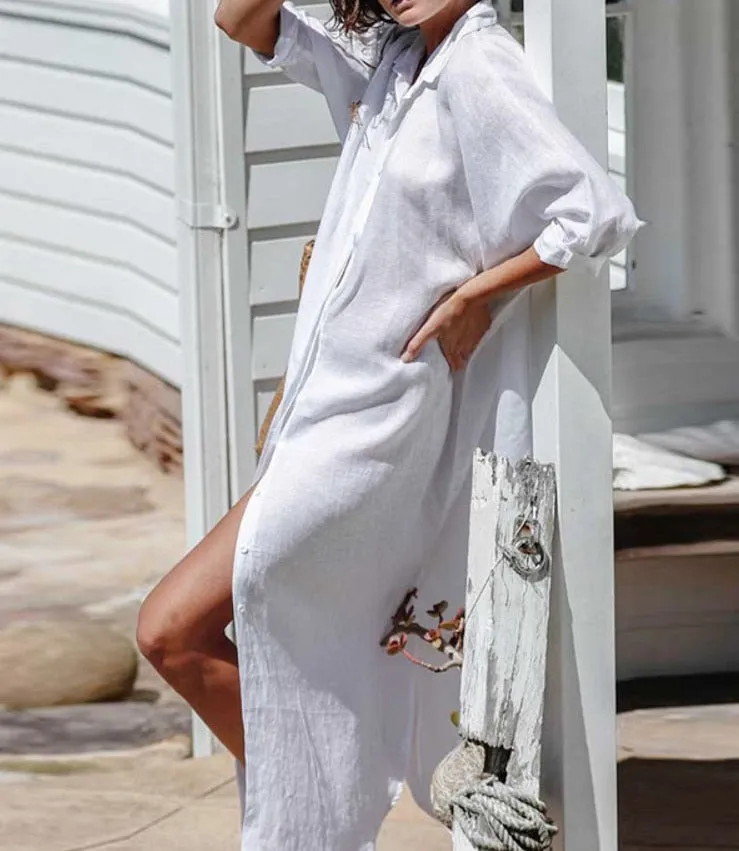 Breezy Shoreline Chic White Tunic Shirt Dress