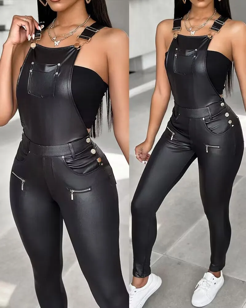 Buckled Zipper Design Suspender Jumpsuit