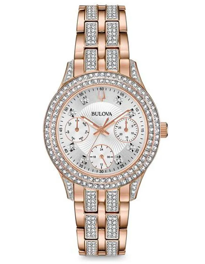 Bulova Womens Crystal Chronograph Watch - Rose Gold-Tone - Swarovski - Bracelet