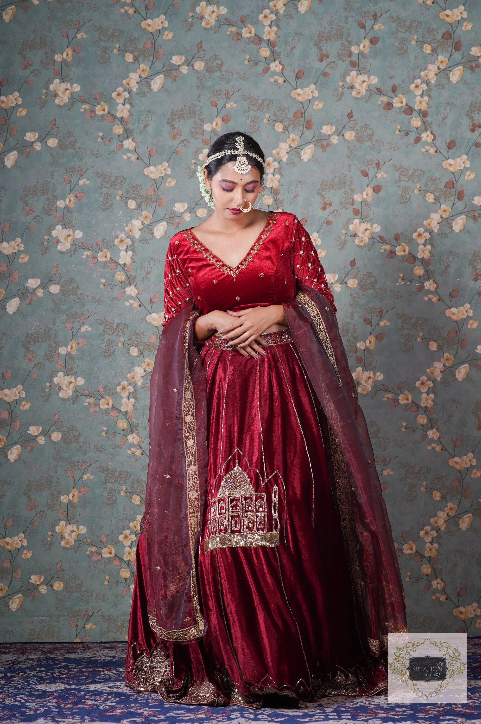 Burgundy Velvet Taj Mahal Lehenga Set