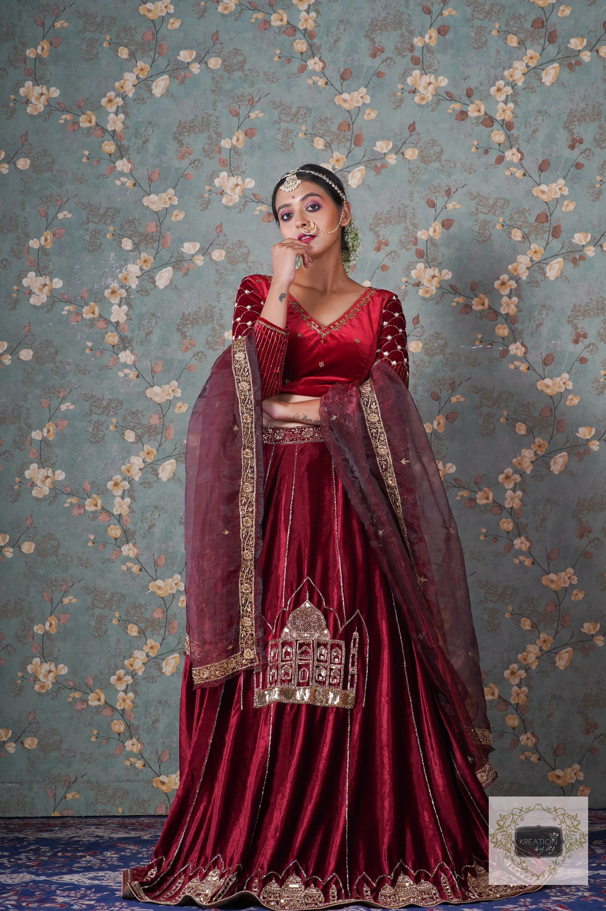 Burgundy Velvet Taj Mahal Lehenga Set