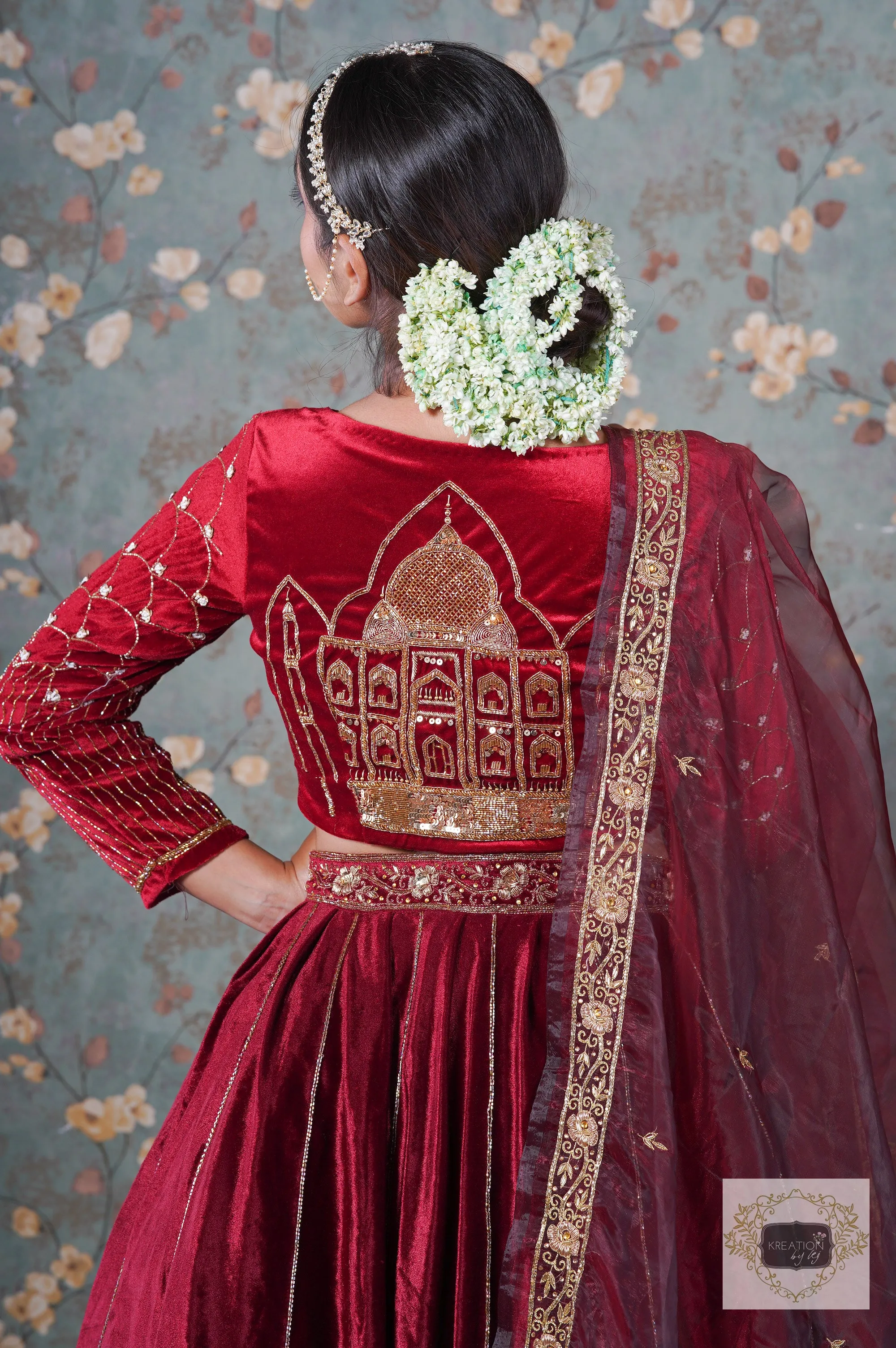 Burgundy Velvet Taj Mahal Lehenga Set