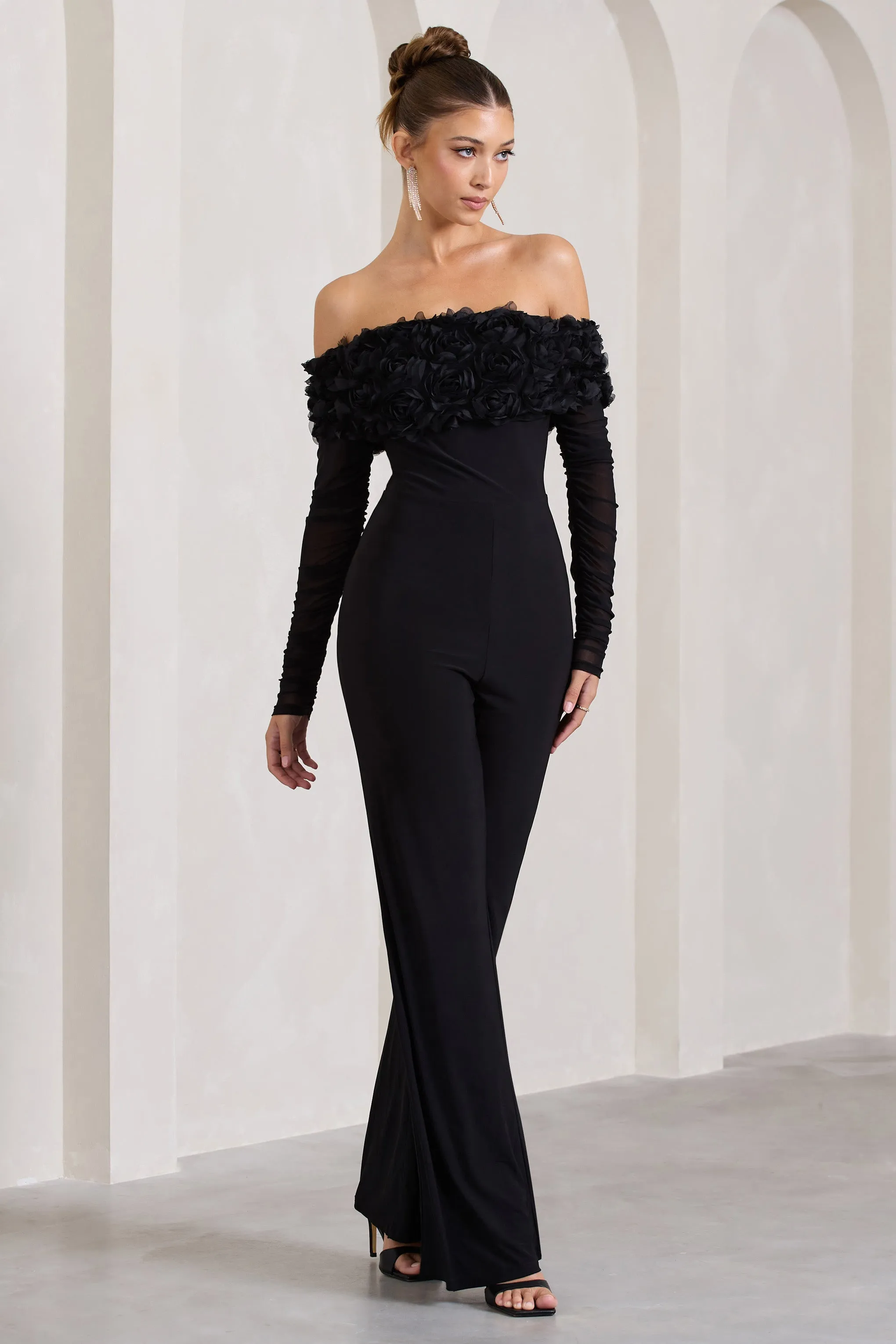 Celebrate | Black Bardot Long-Sleeved Flared-Leg Jumpsuit With Flowers