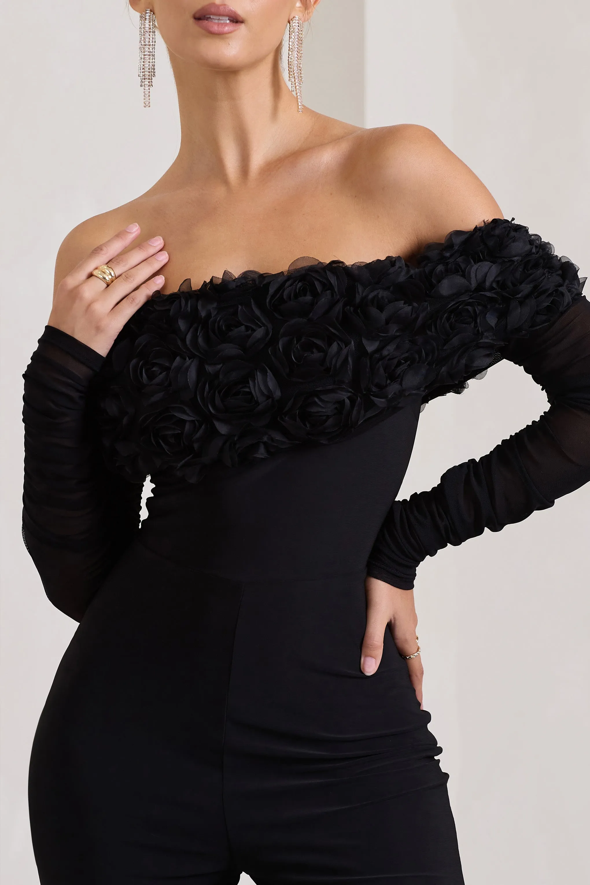 Celebrate | Black Bardot Long-Sleeved Flared-Leg Jumpsuit With Flowers