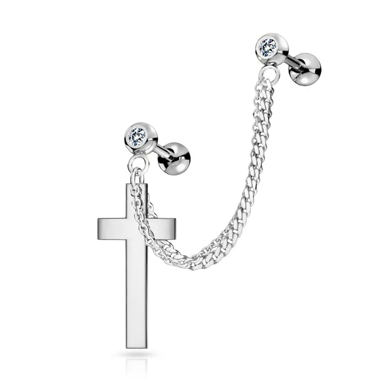 Chain Linked Crystal Set Cartilage Barbells with Cross - Silver