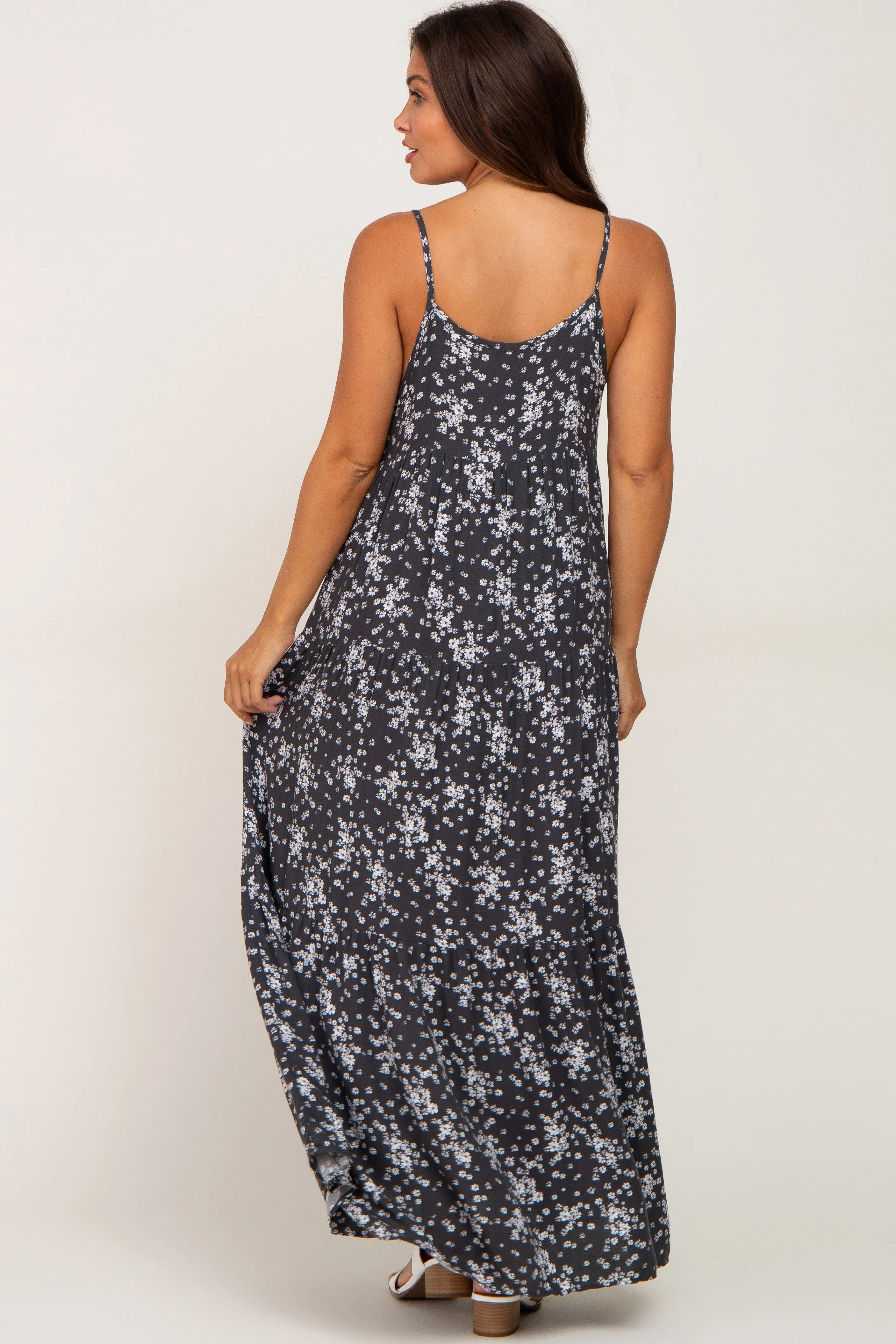 Charcoal Floral Sleeveless Tiered Maternity Maxi Dress