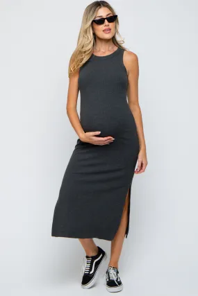 Charcoal Ribbed Maternity Side Slit Tank Dress