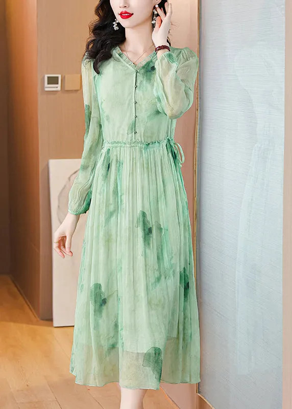 Chic Green Ruffled Print Lace Up Chiffon Dress Summer BB034