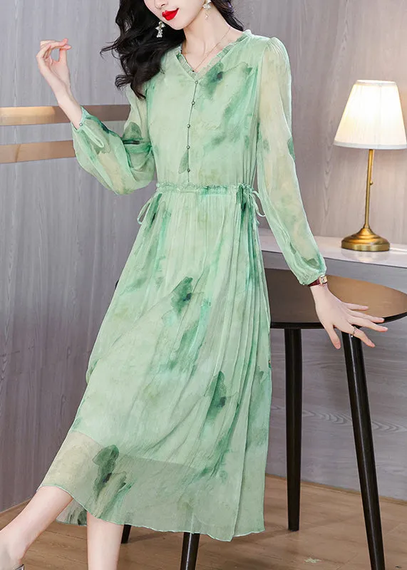 Chic Green Ruffled Print Lace Up Chiffon Dress Summer BB034