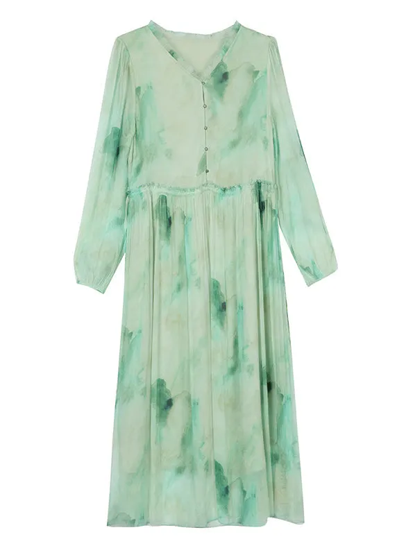 Chic Green Ruffled Print Lace Up Chiffon Dress Summer BB034