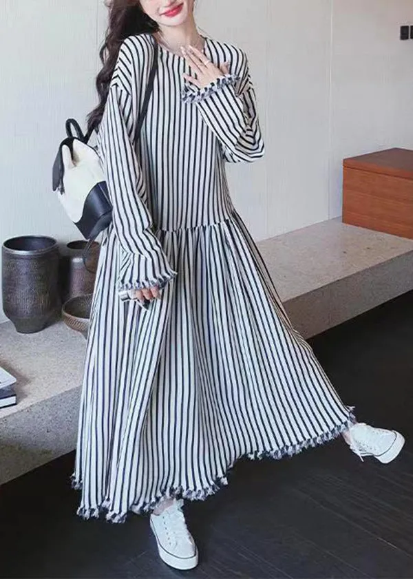 Chic O Neck Striped Patchwork Cotton Long Dresses Long Sleeve BV038