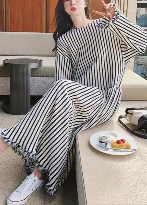 Chic O Neck Striped Patchwork Cotton Long Dresses Long Sleeve BV038