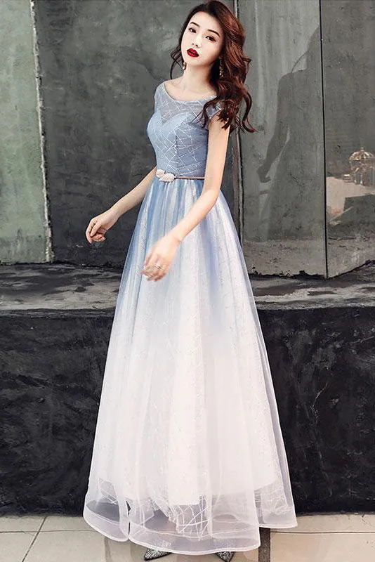 Chic Round Neck A Line Lace Up Back Ombre Prom Dresses