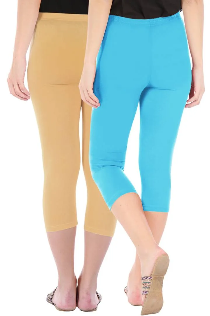 Combo Pack Of 2 Skinny Fit 3/4 Capris Leggings For Women Dark Skin Sky Blue