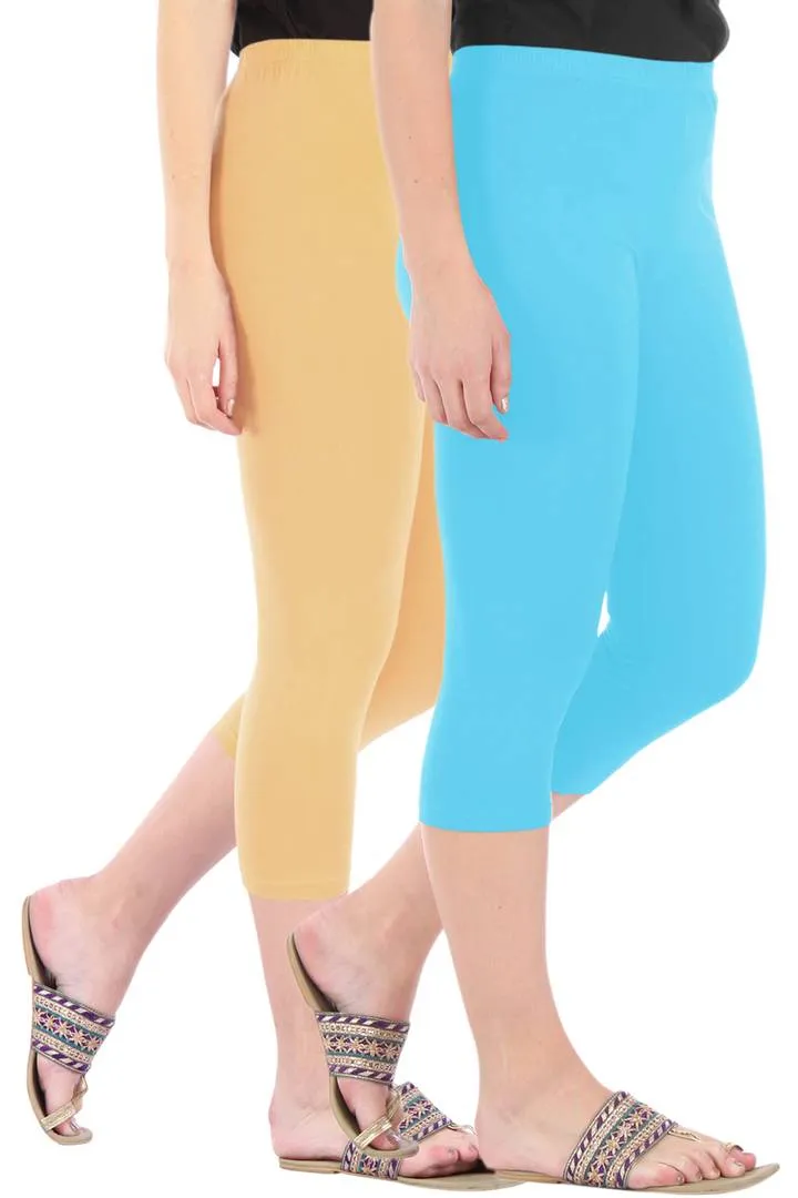 Combo Pack Of 2 Skinny Fit 3/4 Capris Leggings For Women Dark Skin Sky Blue