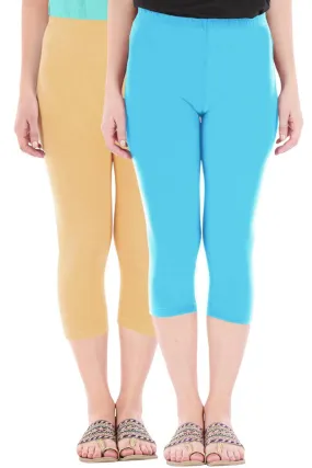 Combo Pack Of 2 Skinny Fit 3/4 Capris Leggings For Women Dark Skin Sky Blue