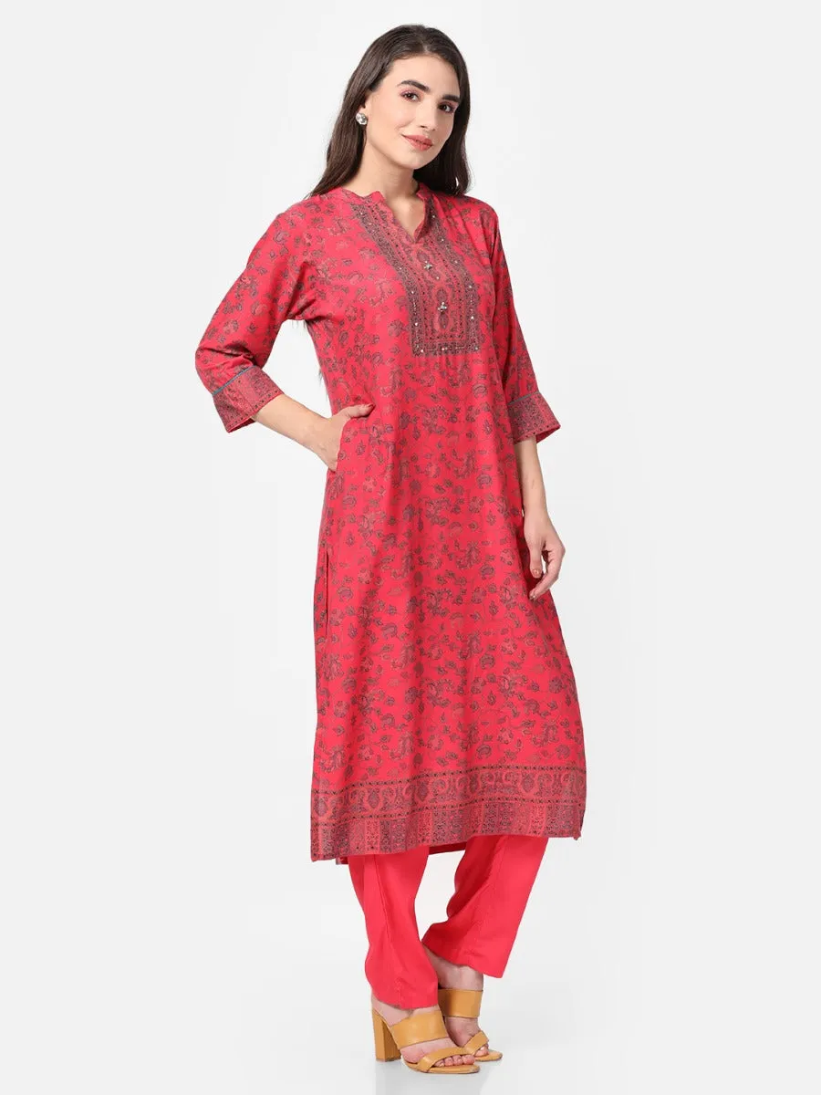 Coral Floral Printed Kurta With Trouser