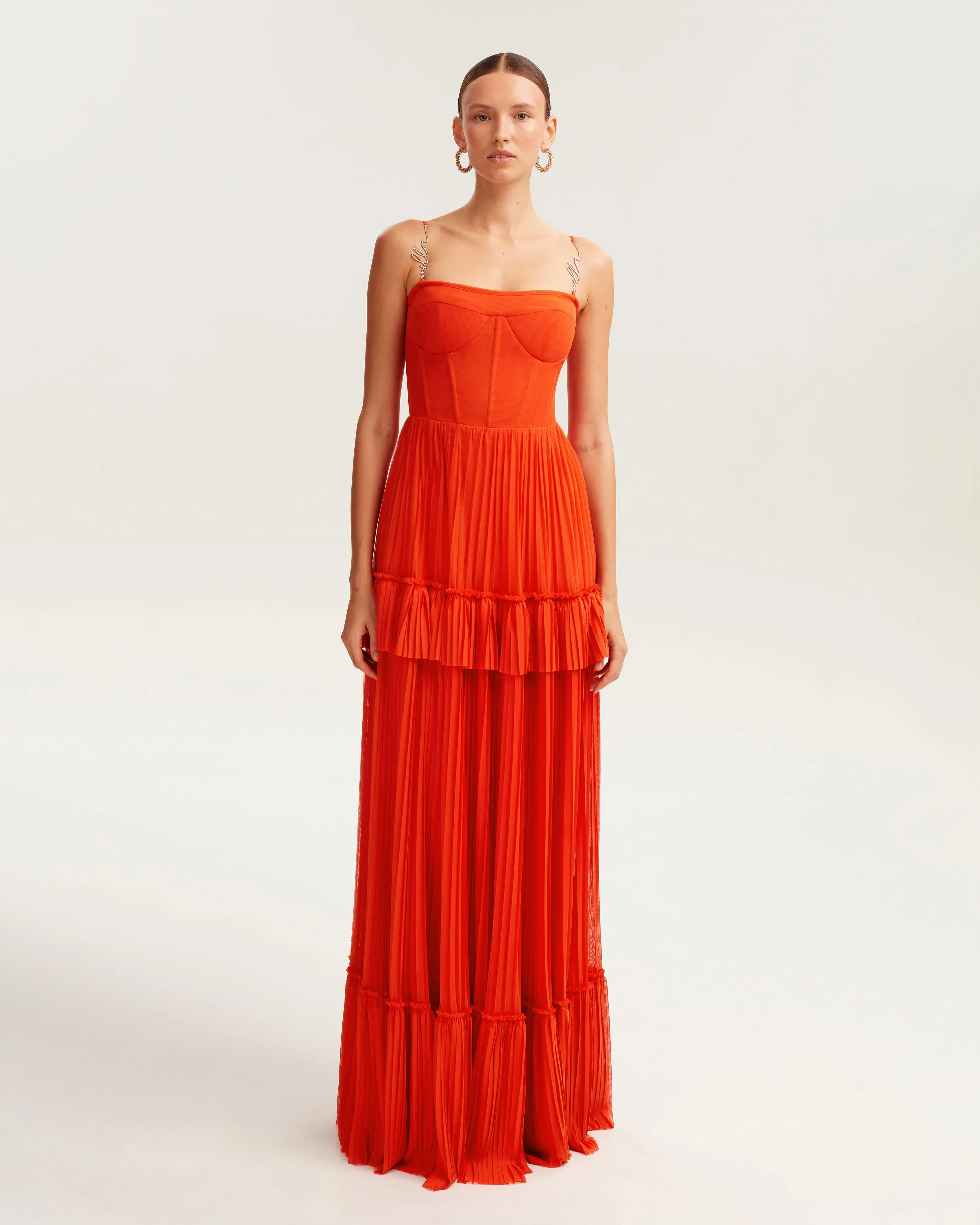 Coral spaghetti strap pleated maxi dress, Garden of Eden