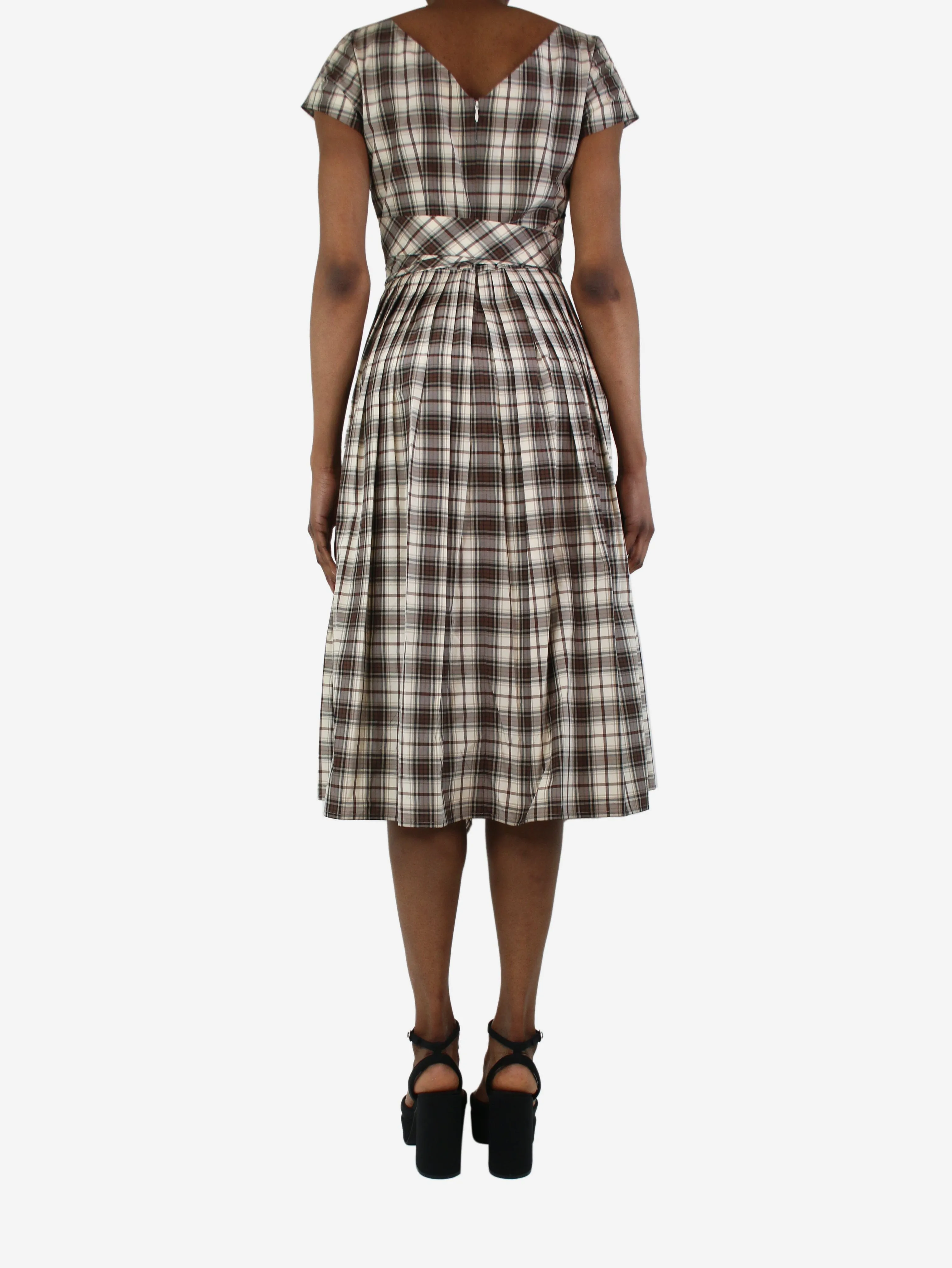 Cream checkered pleated dress - size UK 6