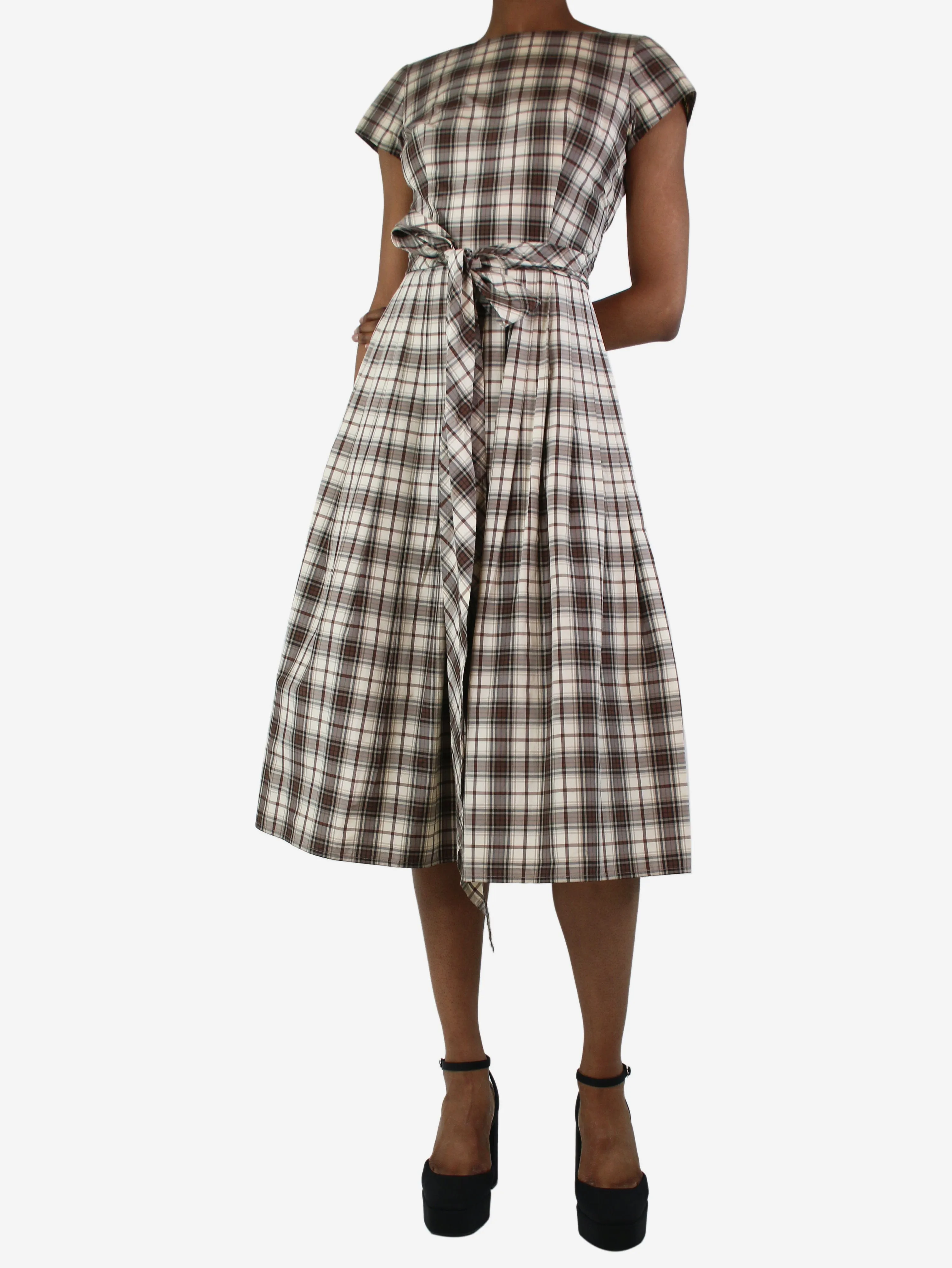 Cream checkered pleated dress - size UK 6