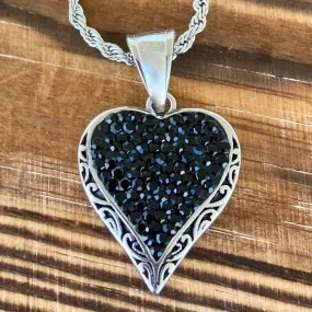 Crystal Heart Mini Pendant - Black - Rope Necklace - AJ02M